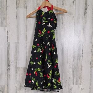 Hearts & Roses Black Halter Dress Aline Cherry Print Size Small Missing Belt